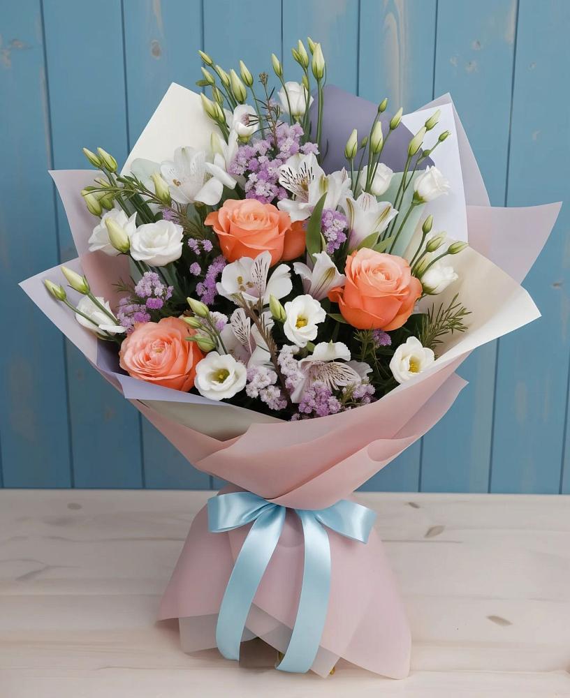 Букет цветов из: Лизиантусы, Розы, Альстромерии и Гипсофила в Сандово