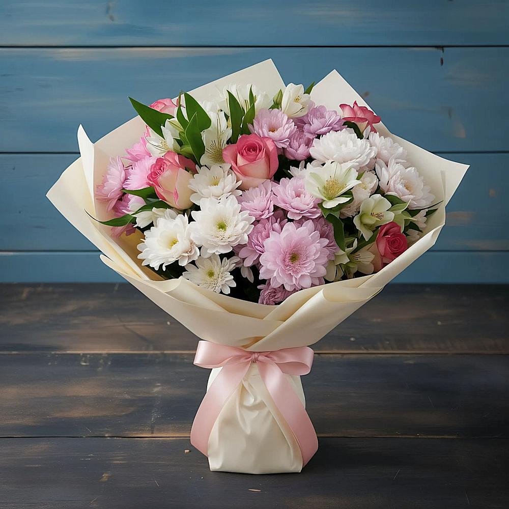 Букет цветов из: Хризантемы, Альстромерии и Розы в Сандово